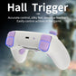 Close-up of white game controller triggers with purple accent buttons and side grips