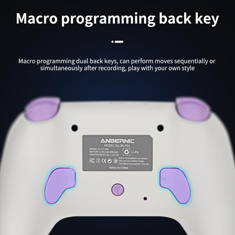 White controller back with model label and purple rear grip pads