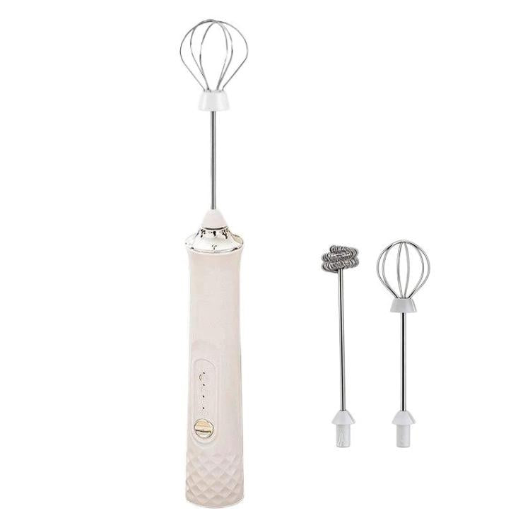 White handheld electric milk frother with balloon whisk attachment