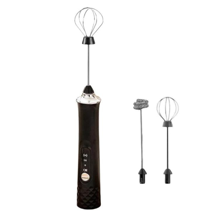 Black handheld electric milk frother with balloon whisk attachment