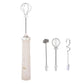 White handheld electric milk frother with whisk and two extra mixing rods