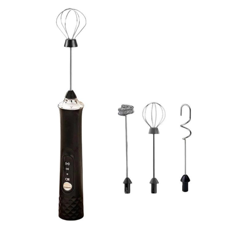 Black handheld electric milk frother with whisk and three extra mixing rods