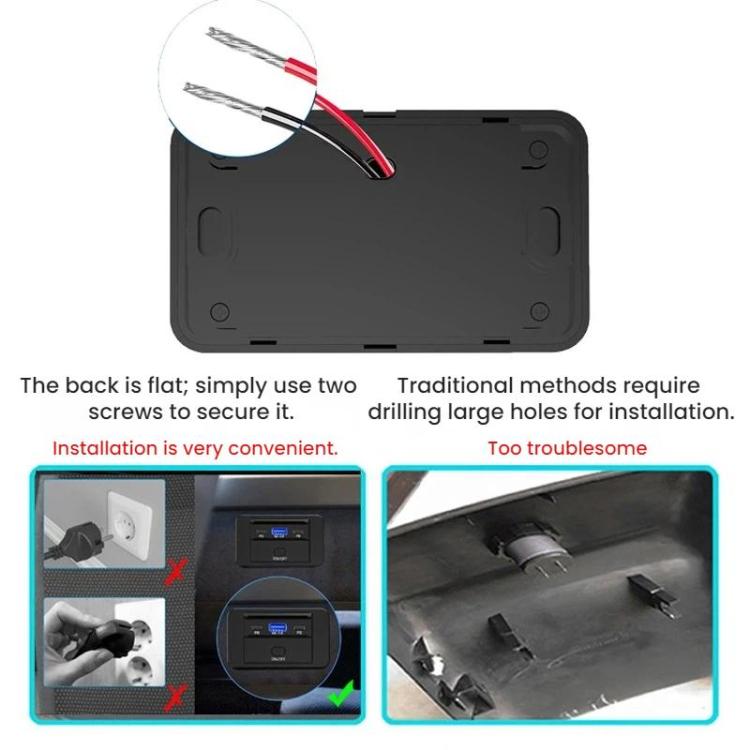 Black retrofit USB charger back plate with mounting holes and red/black wire leads
