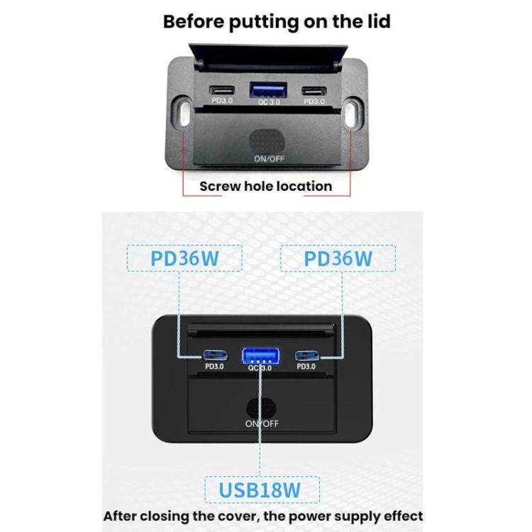 Black retrofit USB charger lid closed, showing three ports and ON/OFF switch