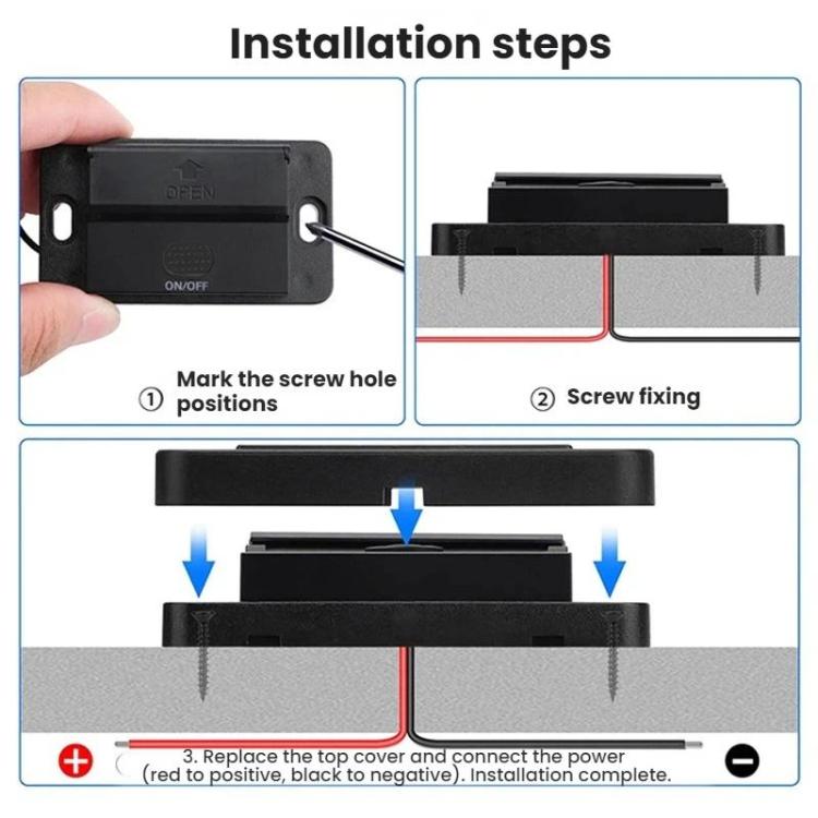 Black retrofit USB charger installation with back cover, screws, and power cable connection