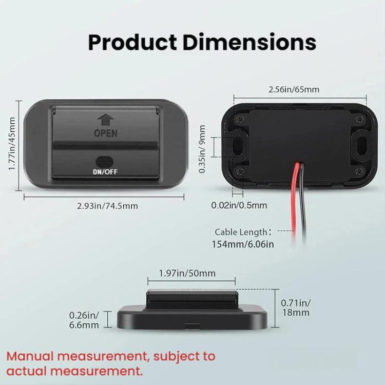Black retrofit USB charger shown in front and back views with cable length