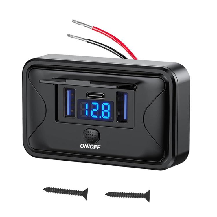 Black car fast charger with waterproof cover, blue LED voltage display reading 12.8