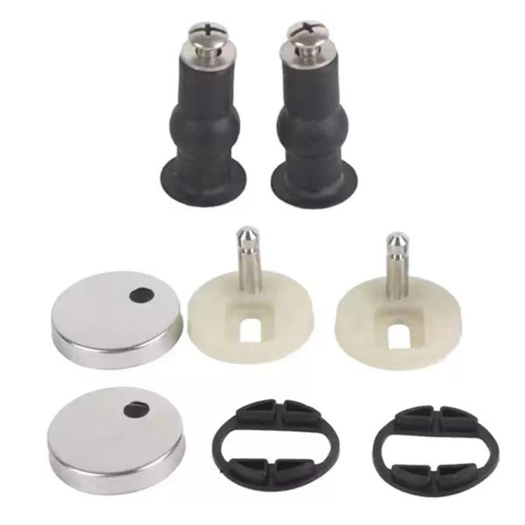 Universal toilet seat hinge hardware set: chrome bolts, white washers, black spacers