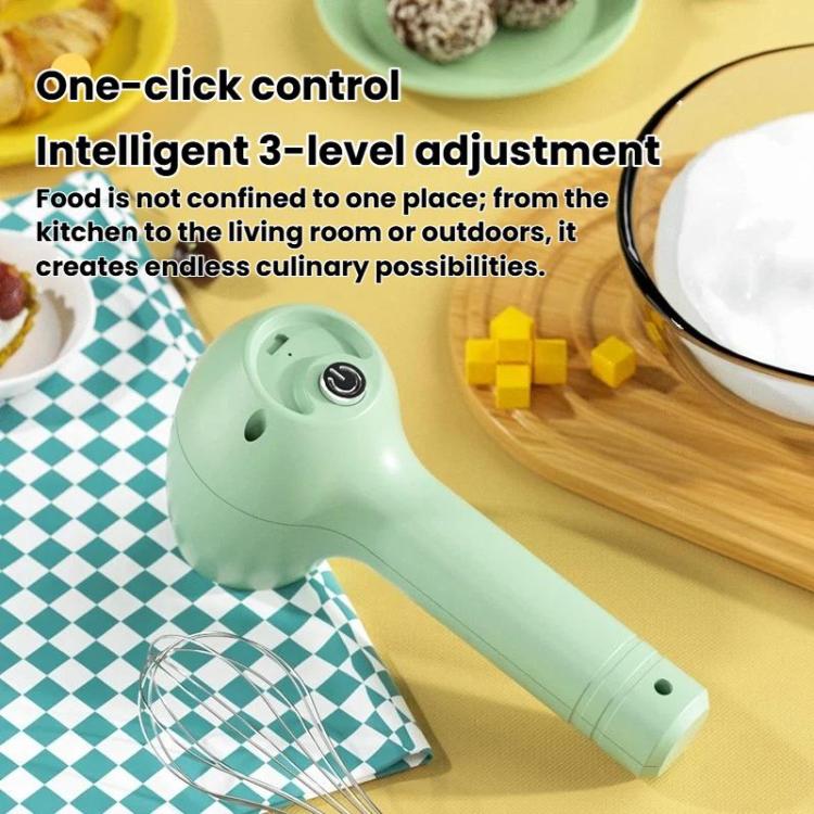 Green handheld electric whisk on countertop beside a bowl and foam ingredients