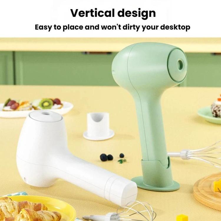 Green and white handheld electric whisk units with vertical design and stand bases