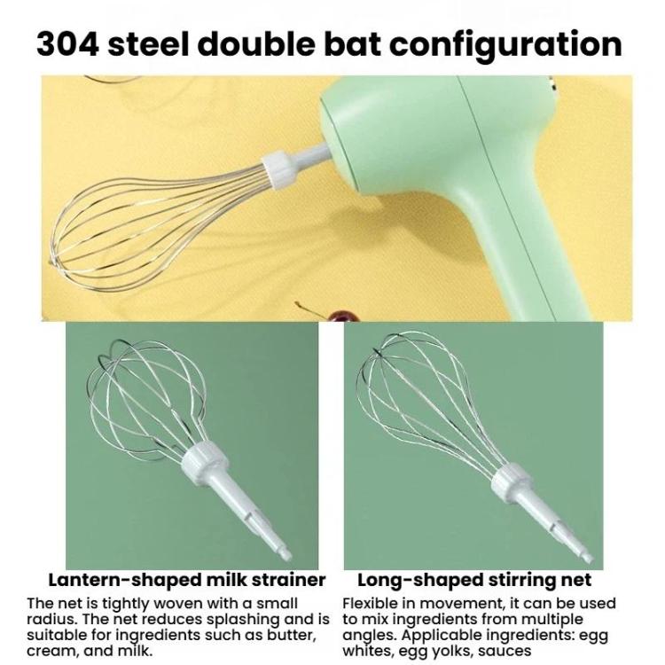 Green electric whisk with double-bat attachment and wire beaters for mixing