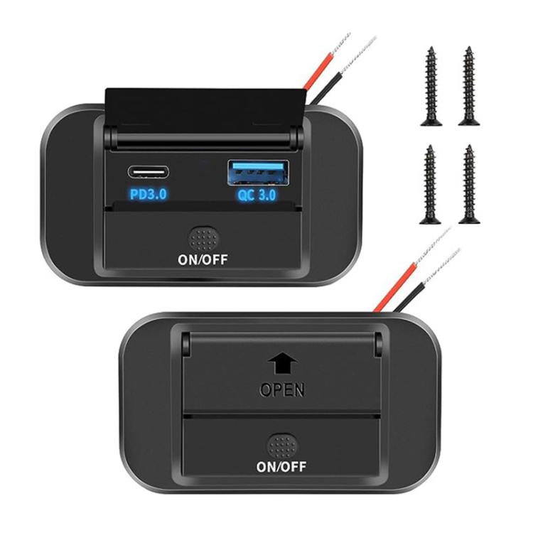 Car USB charging port module with ON/OFF switch and PD3.0/QC3.0 indicator lights