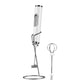 White handheld milk frother with wire stand and dual whisk beaters