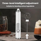 White handheld milk frother with dual beaters and wire stand