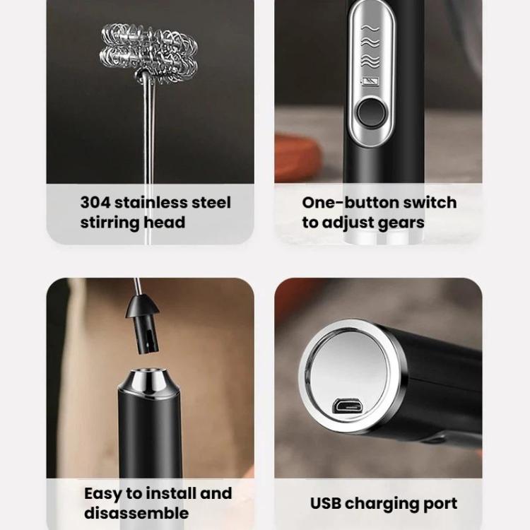 Dual stainless whisk head pieces and USB charging port frother body