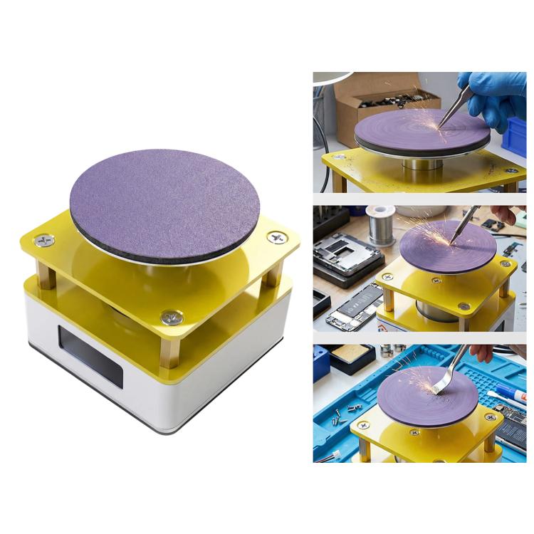 Micro grinder base with purple grinding pad and metal spindle, yellow and silver body
