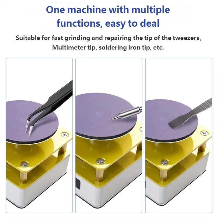 Micro grinder showing multiple accessory tips over purple grinding pad on yellow base