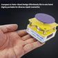Compact micro grinder held in hand, purple pad on yellow top with front display