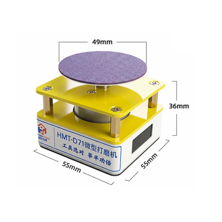Micro grinder dimensions diagram with purple grinding pad, yellow top and compact base