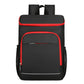 Black insulated thermal backpack with red trim, front zip pocket, and padded straps
