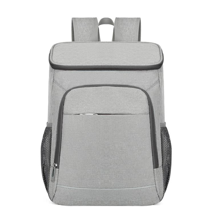Gray insulated thermal backpack with front zip pocket and padded shoulder straps