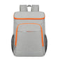 Gray insulated thermal backpack with orange trim, front zip pocket, and padded straps