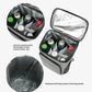 Gray insulated thermal backpack open with drink storage and water-resistant lining panel