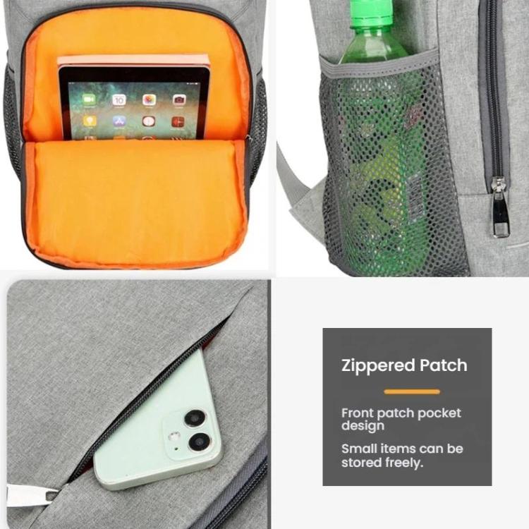 Gray insulated thermal backpack with orange interior, mesh side pocket, and front patch pocket