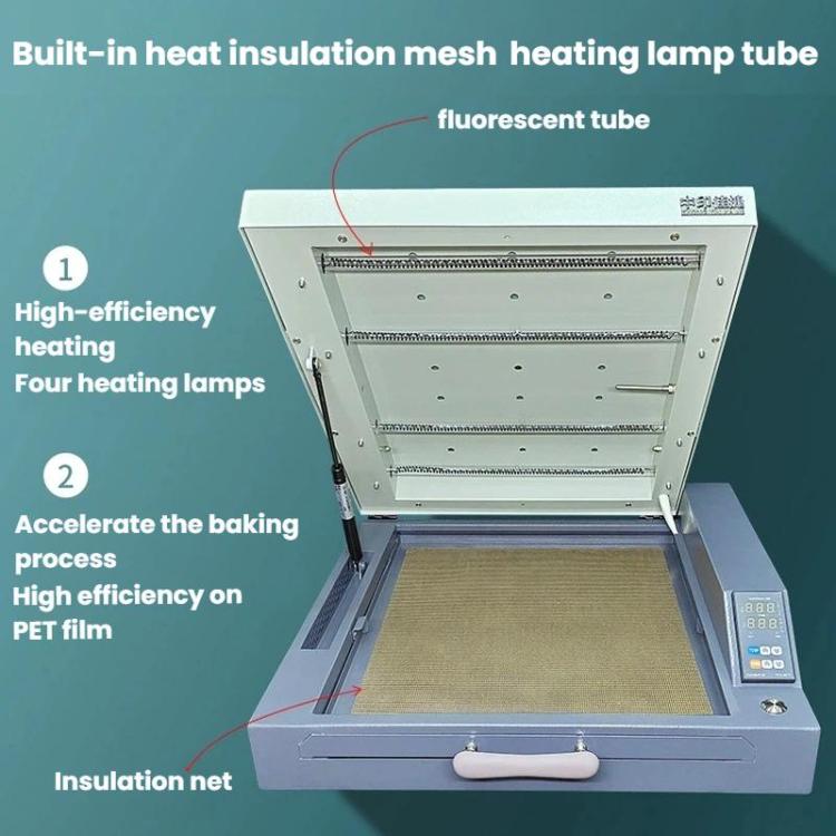 Mini oven with open heating chamber and multiple heating lamp tubes above tray