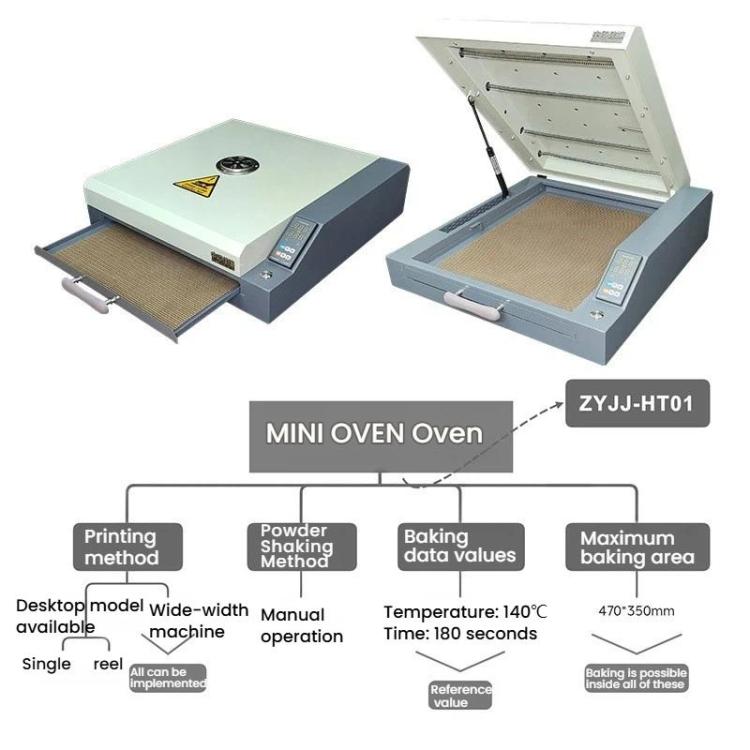 Mini oven heat press setup with open baking tray and front control panel
