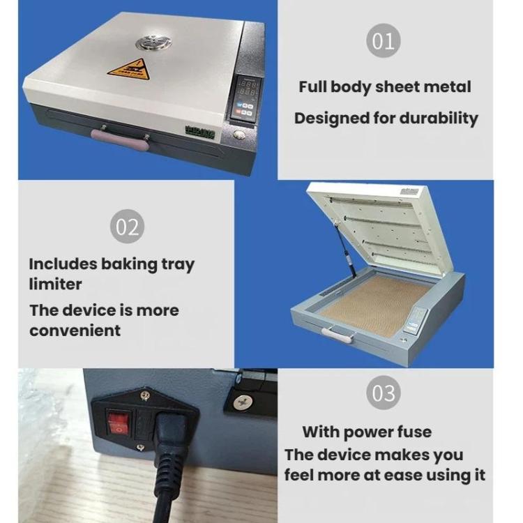 Mini oven with sheet metal body, included baking tray, and power fuse on cable