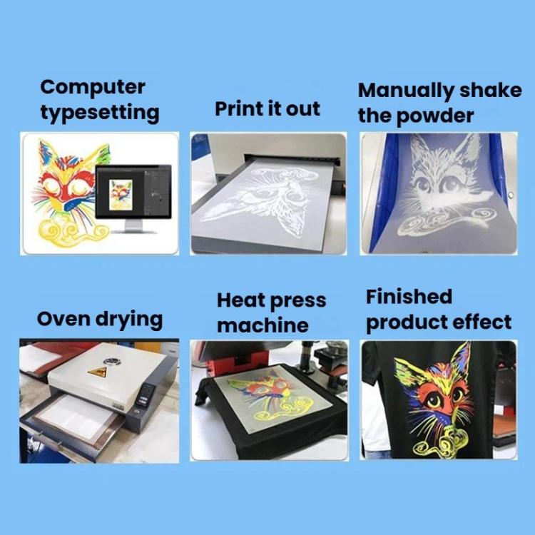 DTF transfer film drying oven usage steps: print, shake powder, heat press, finished design