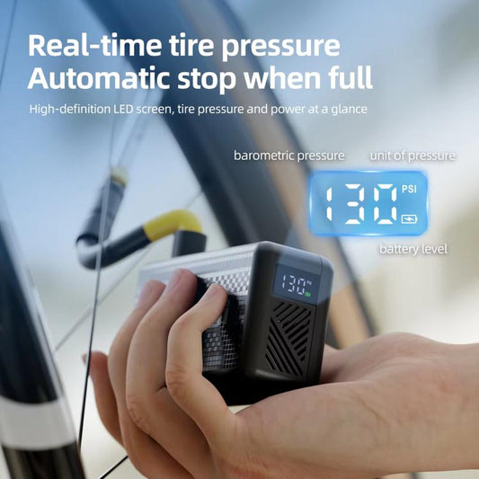 Compact electric air pump with illuminated LED display showing tire pressure and PSI