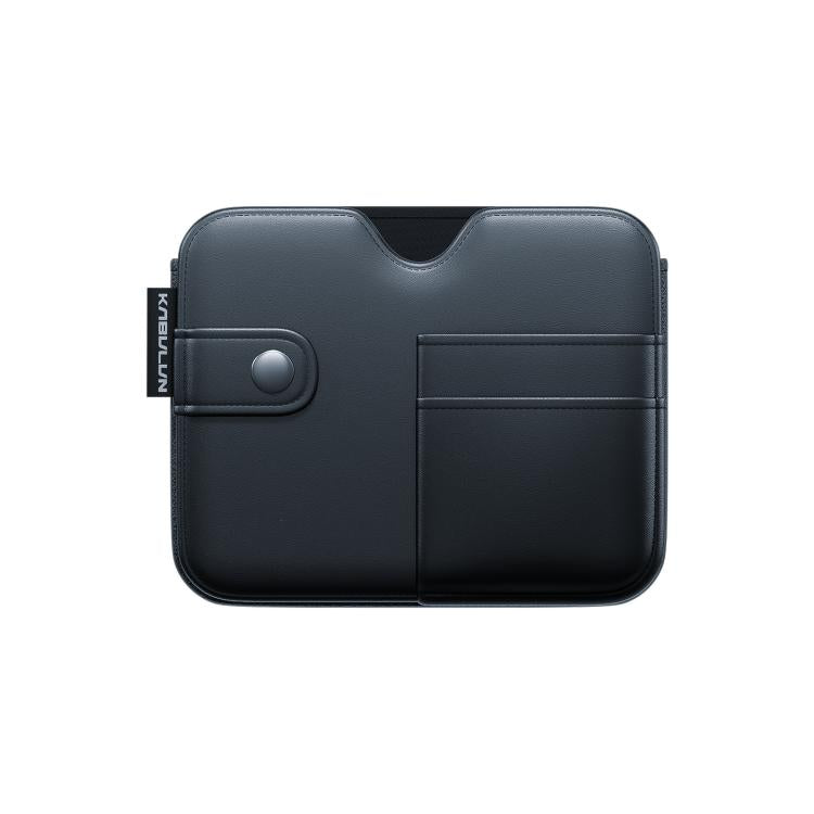 Car seat storage organizer bag with top flap and front pocket, dark gray/black.