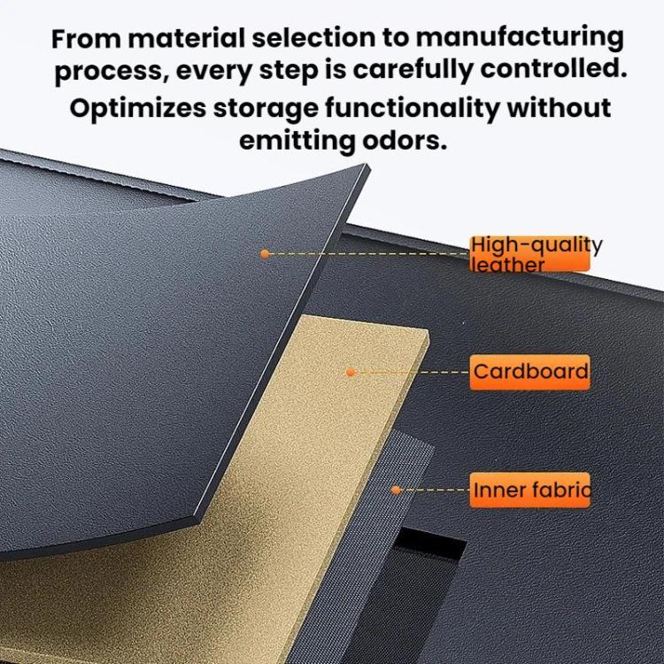 Car seat storage organizer bag made with leather-like outer material and inner fabric.