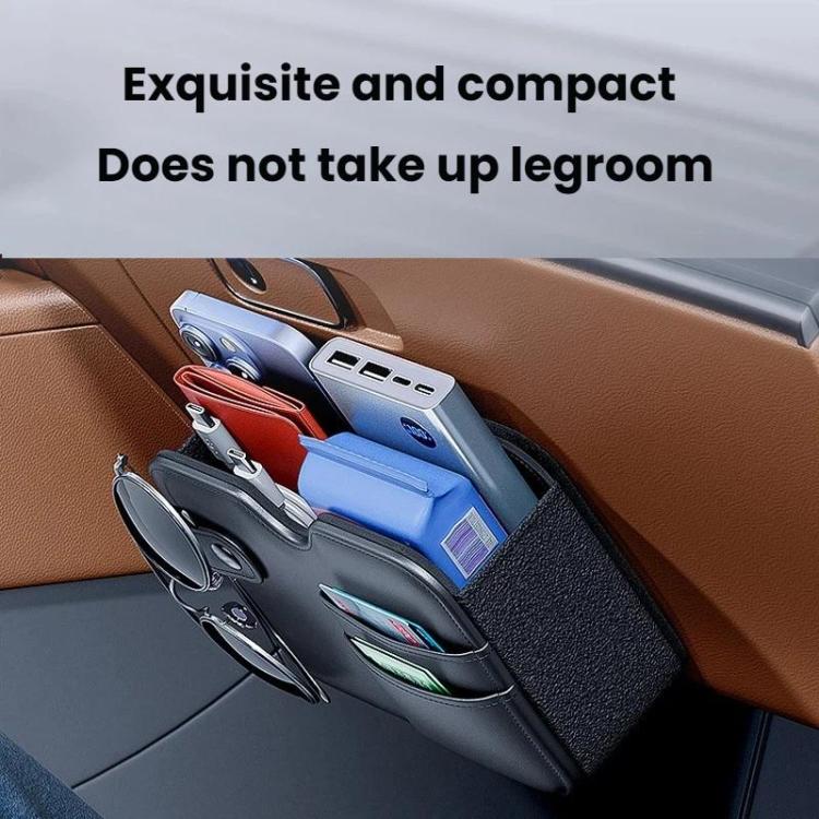 Car seat storage organizer bag with multiple compartments, dark gray/black on seat.