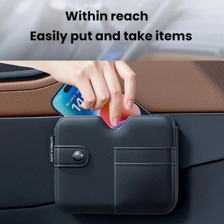 Car seat organizer bag with snap-top opening for cards or small items, dark gray/black.