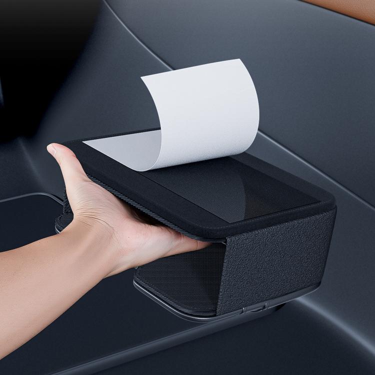 Car seat storage organizer with open top for tissue roll and compact side storage, dark.