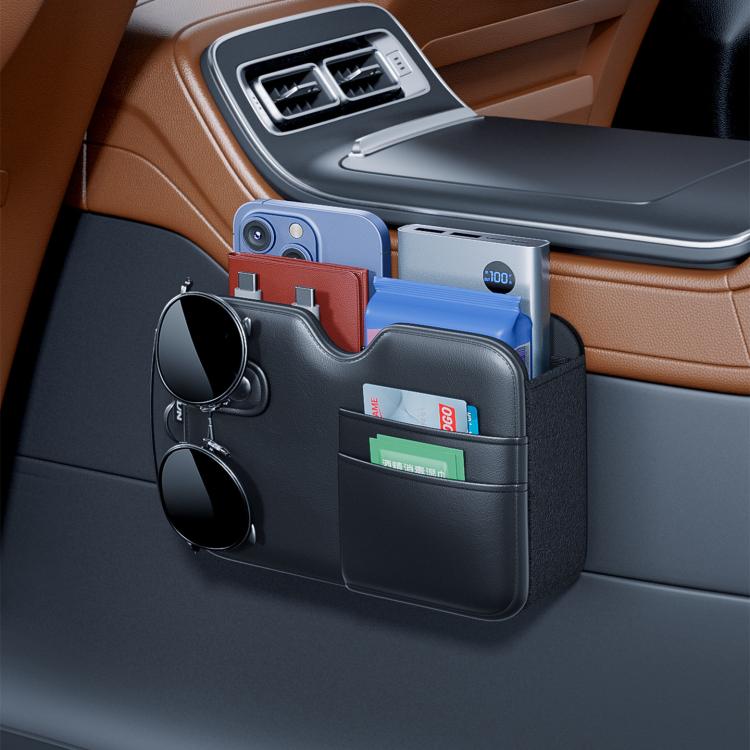 Car seat storage bag organizer with front slots for cards and sunglasses, dark gray/black.