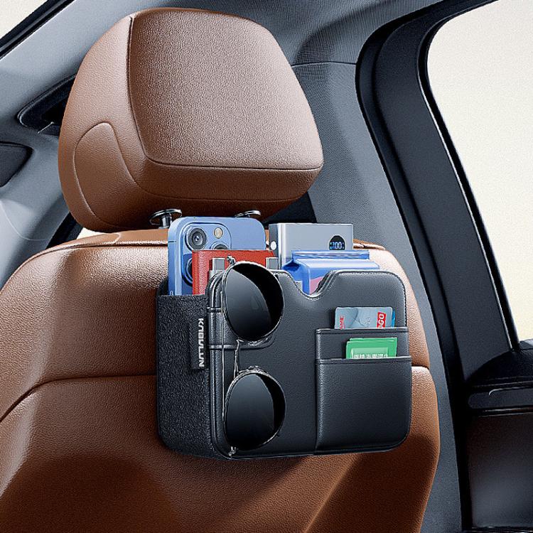 Car seat organizer bag on car seat with front pockets and side compartments, dark gray/black.