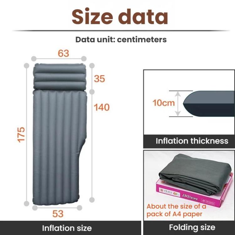 Gray inflatable car mattress shown folded and unfolded with raised head section