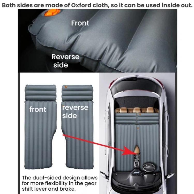 Gray dual-sided inflatable car mattress with padded headrest and ribbed panels