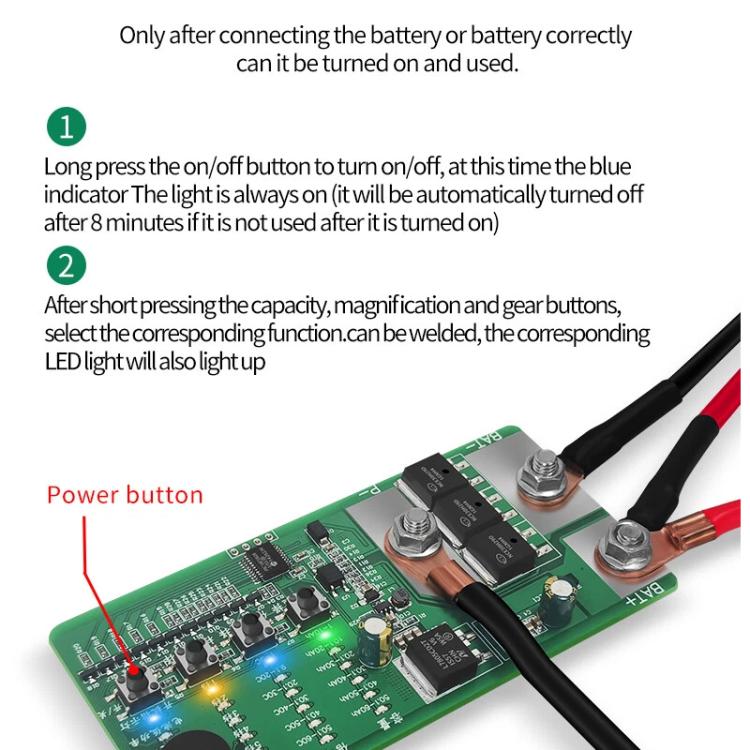 Green spot welder PCB with power button and illuminated indicators plus copper and black leads