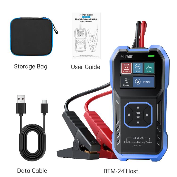 Handheld battery voltage tester with digital display, buttons, and red/black test leads