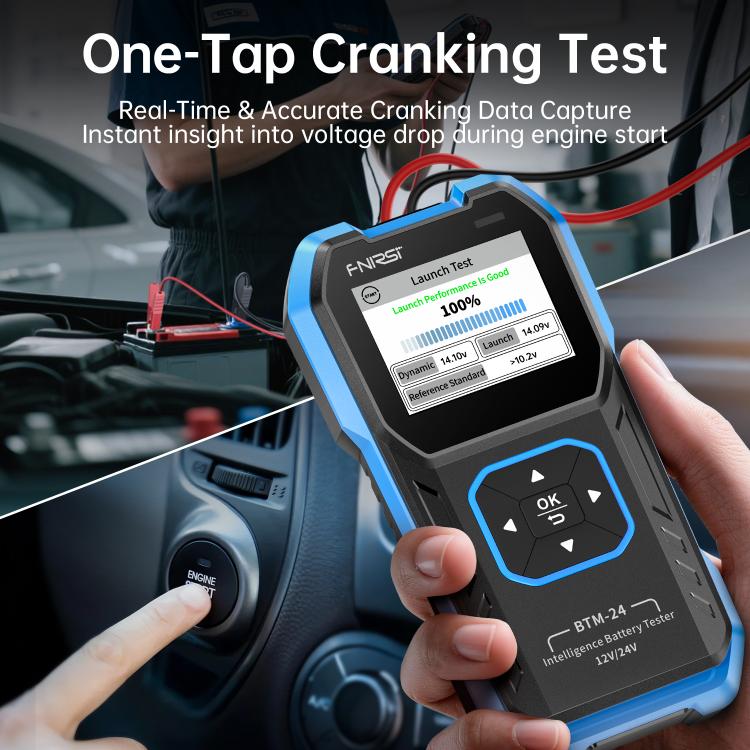 FNIRSI BTM-24 tester held in hand connected to car battery cables