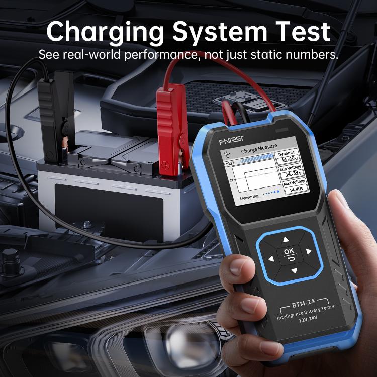 FNIRSI BTM-24 battery tester showing results while connected in a car engine bay