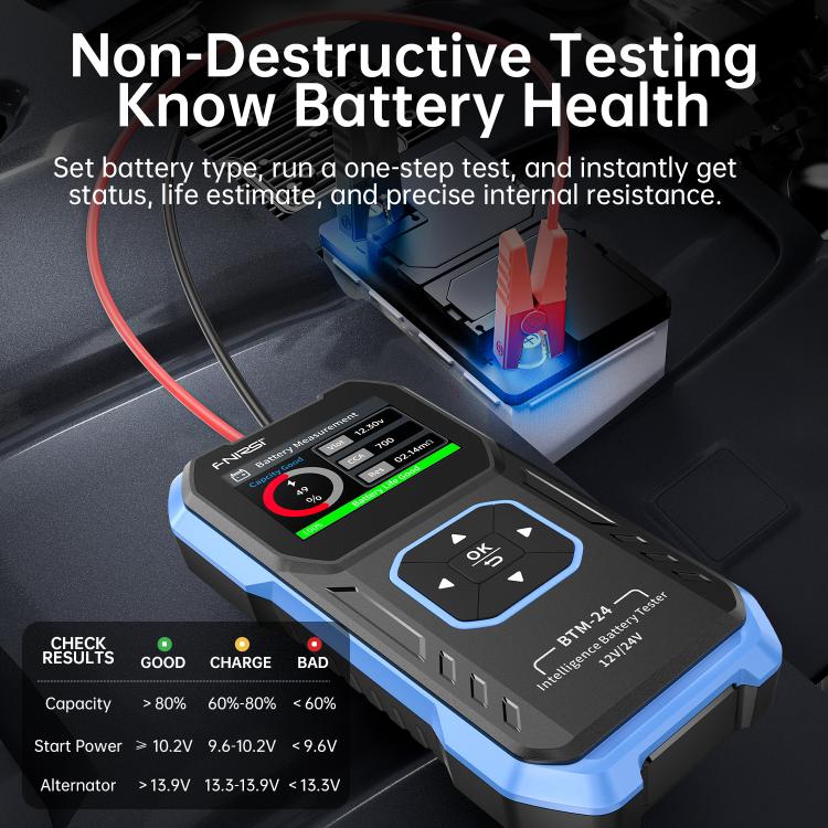 FNIRSI BTM-24 tester with gauge-style screen and connected battery leads