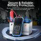 FNIRSI BTM-24 tester standing with red and black battery protection clamp setup