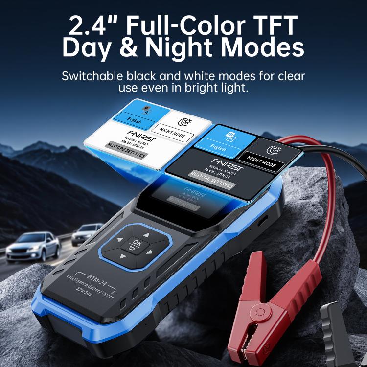 FNIRSI BTM-24 battery tester with screen and red clamp leads on surface