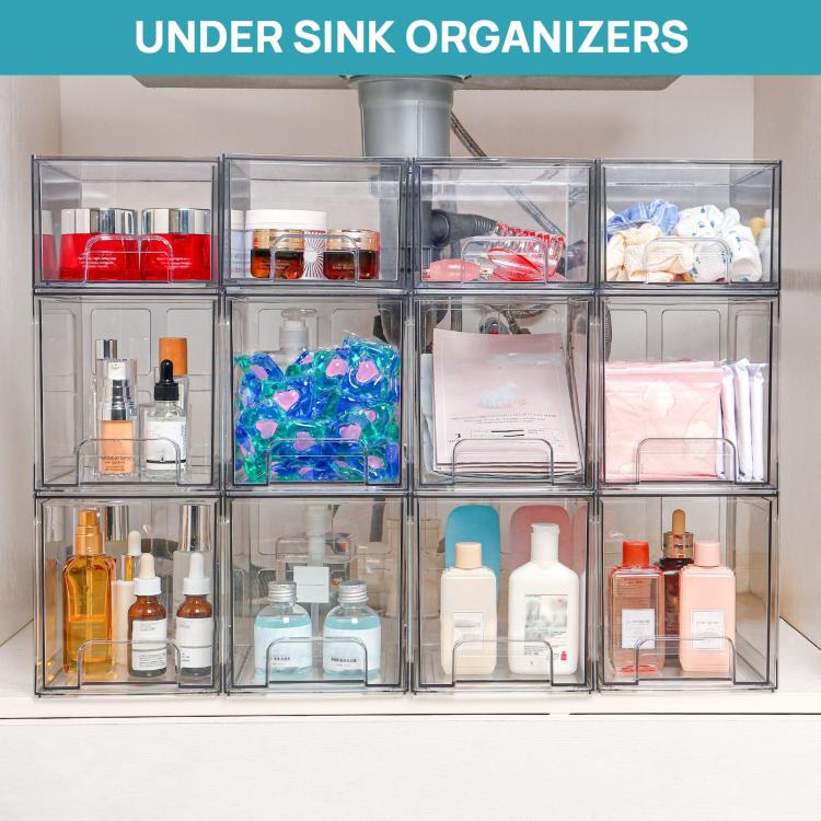 Tall Openwork Desktop Storage Box Drawer-Style Stackable Transparent Plastic Cosmetic Organizer, Single, 4pcs